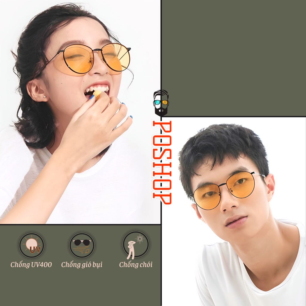 Gọng kính cận nam nữ POSHOP kính mát mắt tròn màu vàng đi đêm gọng kim loại hot trend thời trang hàn quốc Spa