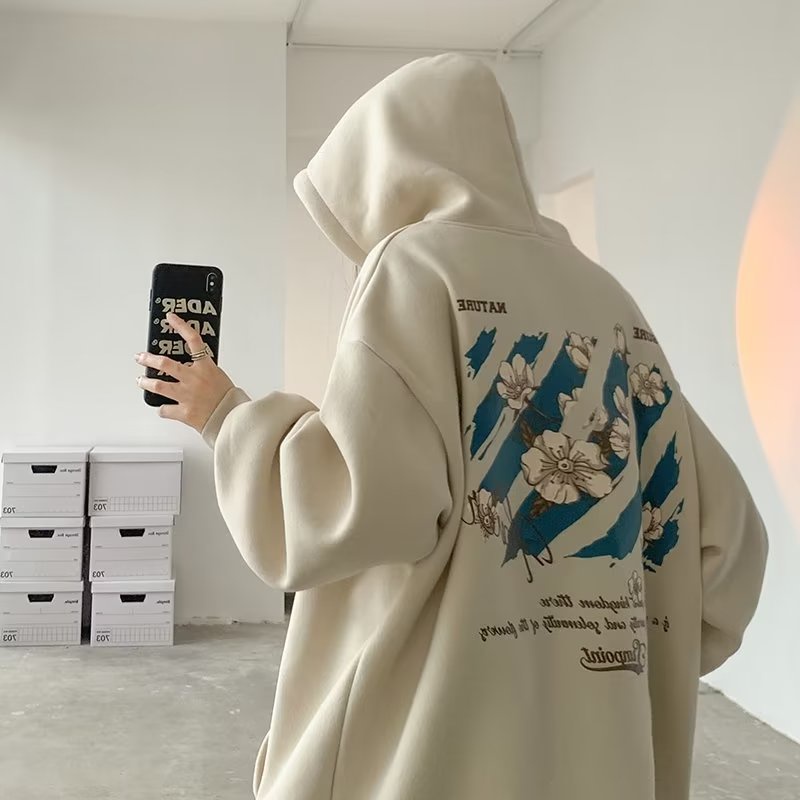 Áo Hoodie Tay Dài Dáng Rộng In Họa Tiết Hoa Anh Đào / Chữ Thời Trang Hàn Quốc Cho Nam Và Nữ