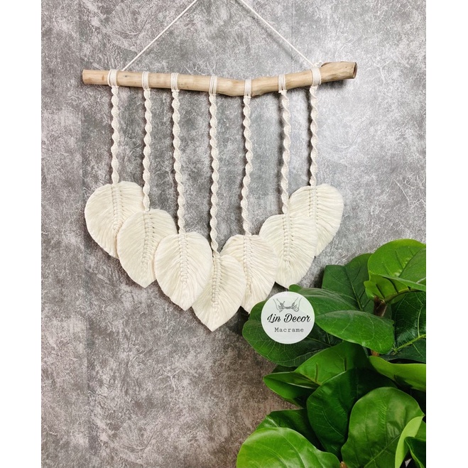 Macrame 7 lá treo trang trí nhà Kèm Thanh Gỗ Tự nhiên