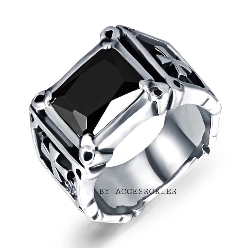 Nhẫn titan hoạ tiết thánh giá khảm đá không gỉ