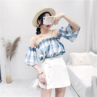 Set áo sơ mi trễ vai và quần giả váy