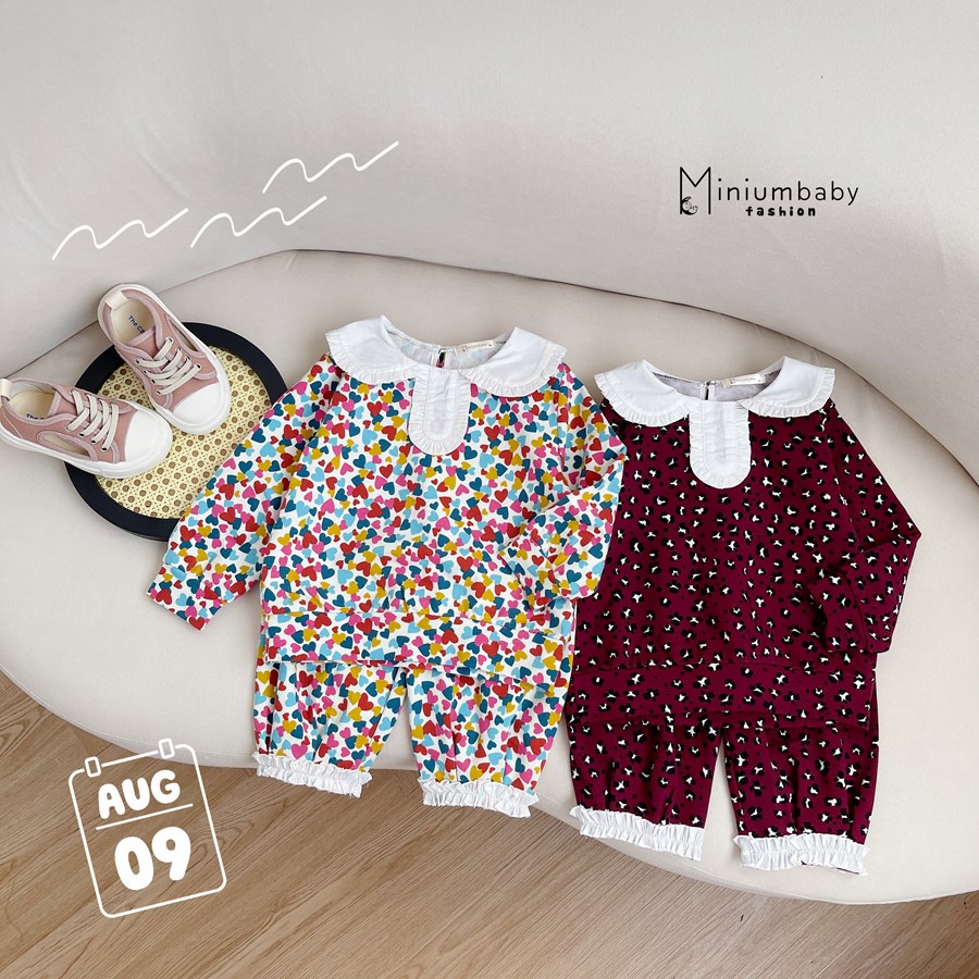 Bộ quần áo cổ sen dài tay bèo ngực thêu hoa cho bé Minium, Bộ quần áo trẻ em cotton thu hè,miniumbabyfashion  SB1400