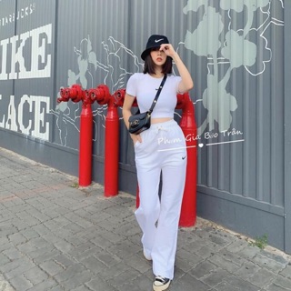 Set bộ quần ống rộng cạp chun áo croptop thêu phẩy