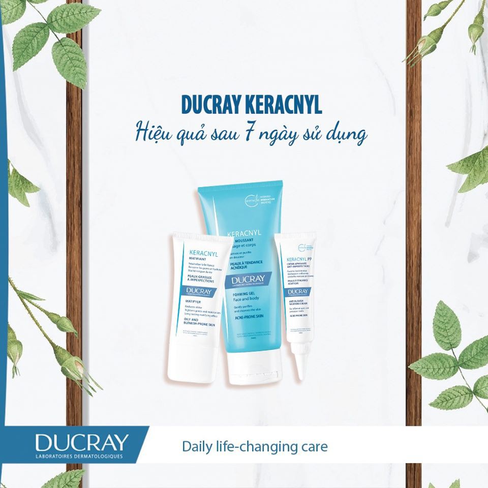 Gel rửa mặt cho da nhờn mụn Ducray keracnyl foaming gel 200ml TẶNG viên uống kẽm DHC (Nhập khẩu)