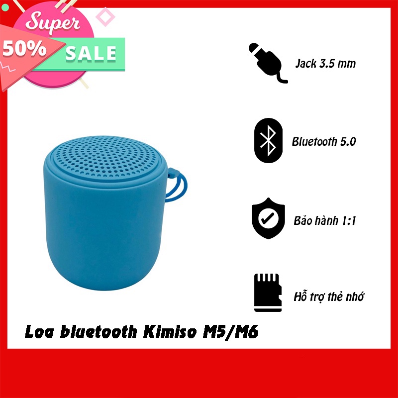 Loa Bluetooth Kimiso M5/M6 Mini giá rẻ có chống nước Ipx5, âm bass hay, hỗ trợ thẻ nhớ và tích hợp đài radio FM