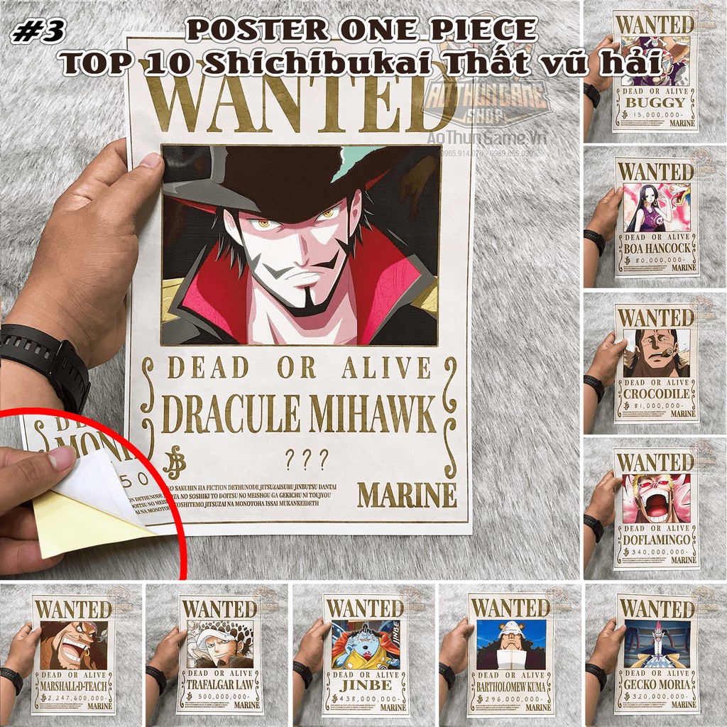 Poster One Piece truy nã Top 10 Cựu Thất Vũ Hải Shichibukai (Hình dán tường Full HD mới 2020) | Shop AoThunGameVn