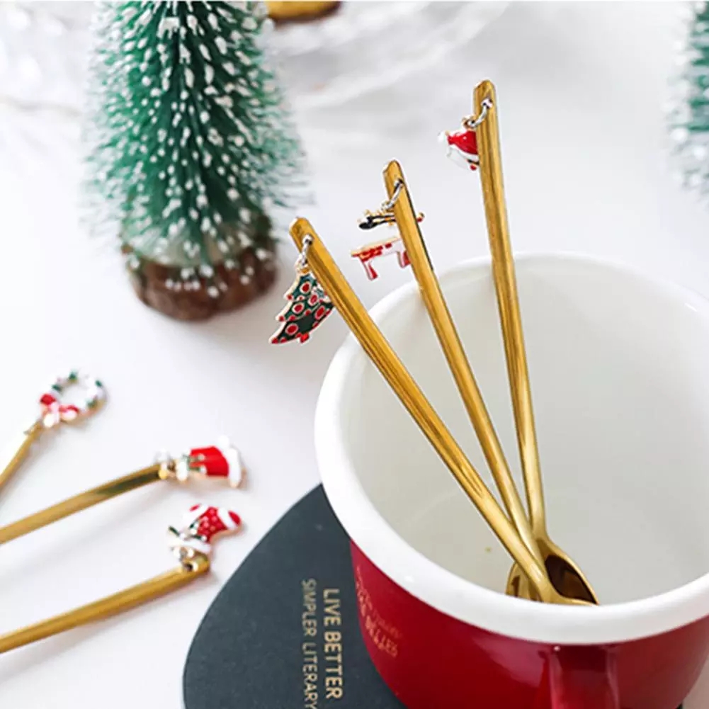 Christmas Tea Coffee Spoons/Stainless Steel Mini Ice Cream Dessert Spoon / Gold Spoon Long Handle Vintage Teaspoons Tableware