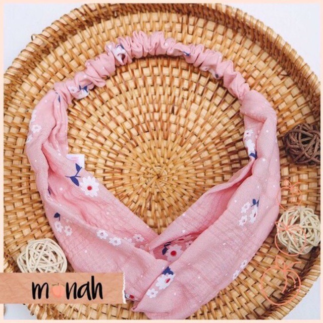 Combo Dây Buộc tóc, Cột tóc Scrunchie Và Turban Băng Đô Nữ Hồng Nude Pastel Hoa Nhí Lụa Cotton.