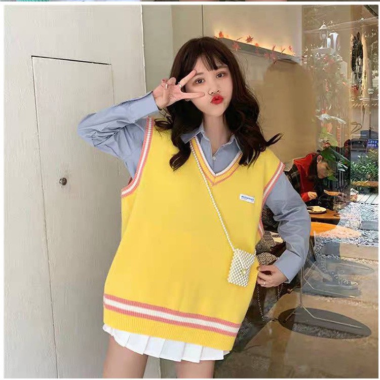 Áo Gile Len Nữ Viền Màu, Áo Len Gile Thời Trang Họa Tiết Đơn Giản Kiểu Dáng Hàn Quốc Dễ Thương