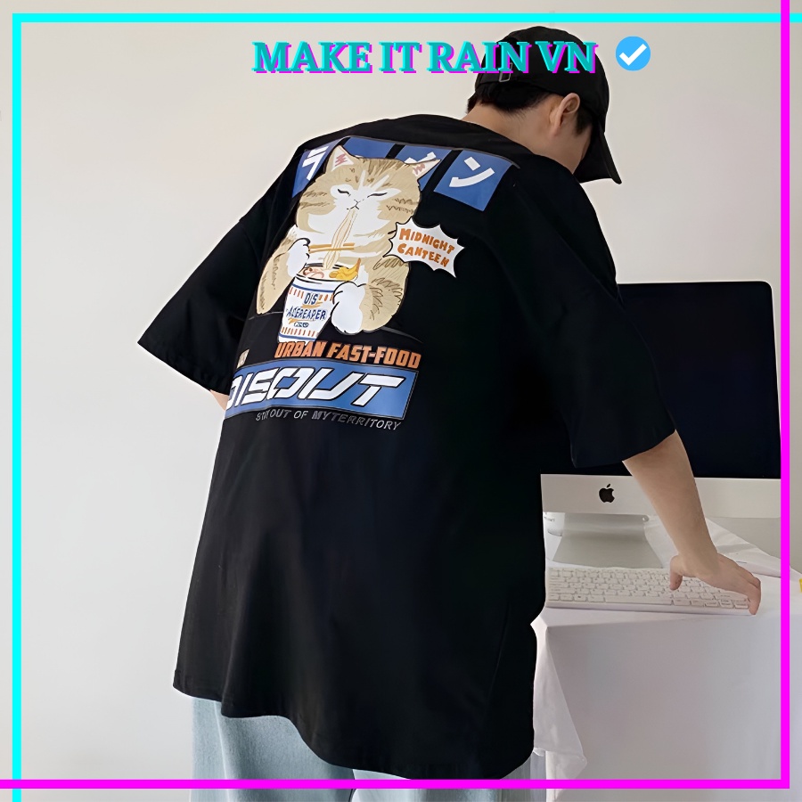 Áo Thun Tay Lỡ Unisex MÈO NOODLE Make It Rain VN, Áo Phông Nam Nữ Form Rộng, có hình ảnh video
