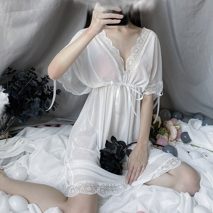 [HÀNG ĐẸP] Váy ngủ ren sexy bẹt vai mặc hai kiểu đồ ngủ big size voan thun với màu đen quyến rũ | BigBuy360 - bigbuy360.vn