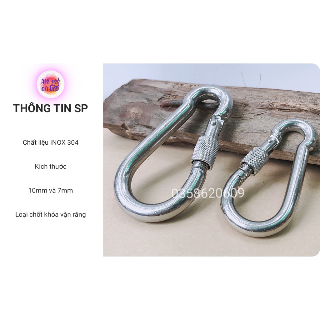 Móc Khóa Leo Núi , Dã Ngoại , Treo Võng Inox 304 Nguyên bản Chịu Lực Tốt loại, Khoen móc kéo 10mm và 7mm