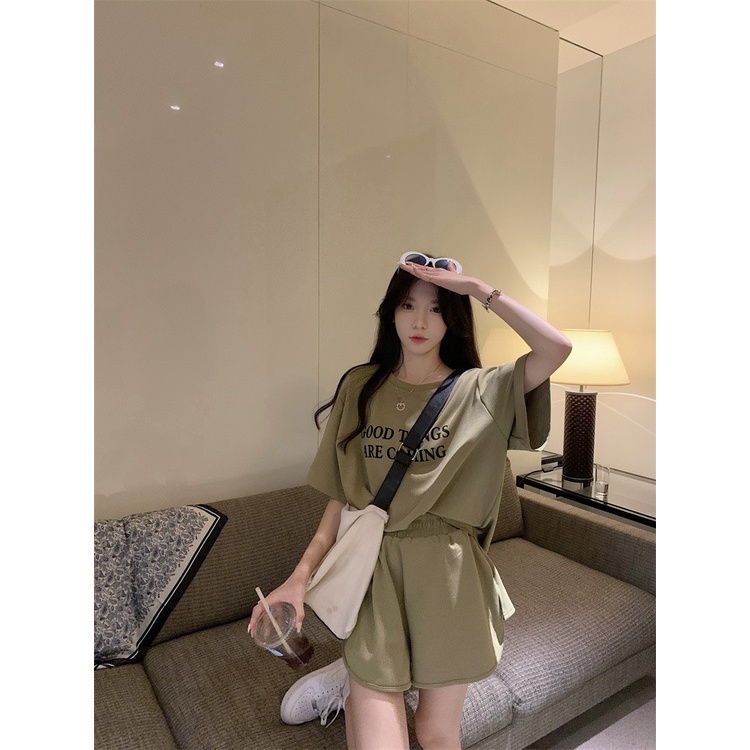 Bộ đùi ngắn tay GOOD Quần Short Rút Dây Áo Phông Form Rộng Tay Lỡ In Hình Retro Hàn Quốc Ulzzang