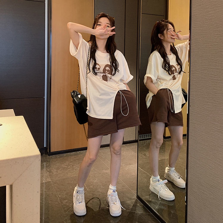 Áo thun ngắn tay/ Quần short lưng cao SUXI in họa tiết thời trang mùa hè dành cho nữ