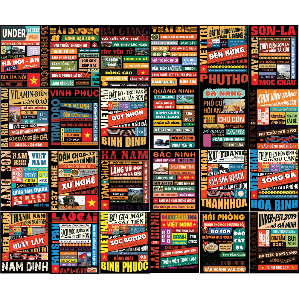 Decal dán tường poster các tỉnh Hà Nội, Sài gòn, Hội An trang trí phòng ngủ quán cafe bàn làm việc