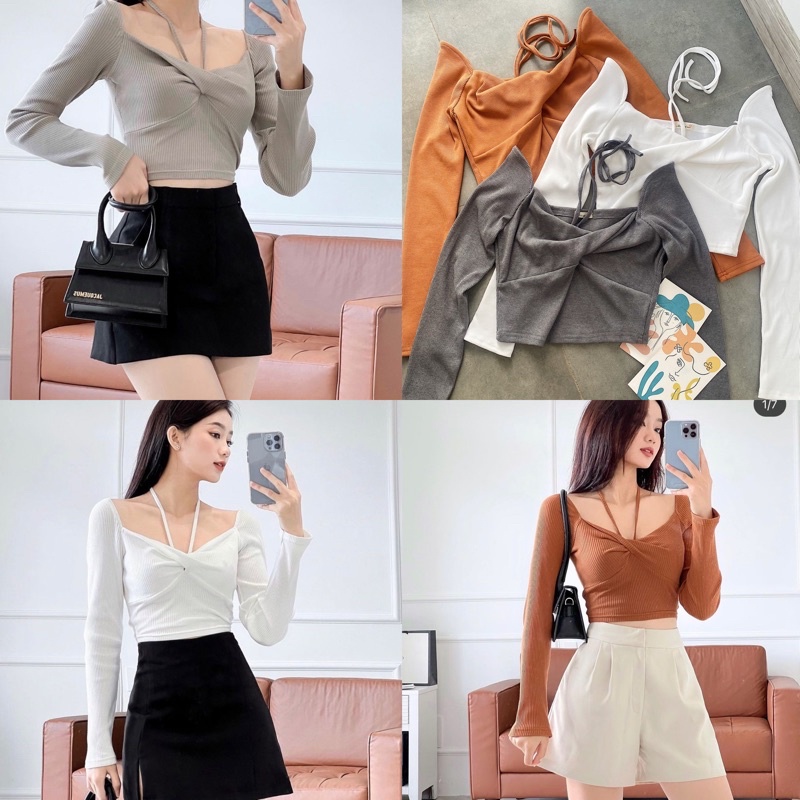 MINI TOP - ÁO CROP GÂN XOẮN CỘT CỔ