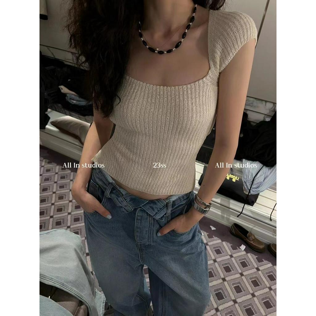 qkoole   Áo Dệt Kim Ngắn Tay Cổ Vuông Thời Trang Hàn Quốc Cho Nữ