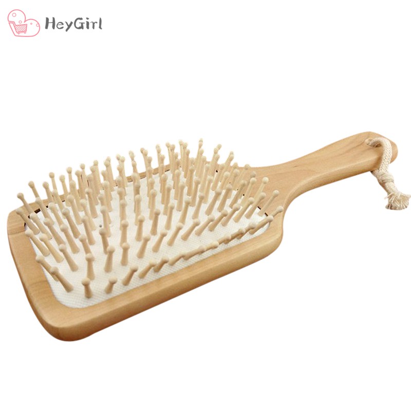 Natural Bamboo Paddle Cushion Massage Hair Brush Ball-Tipped Wooden Bristles