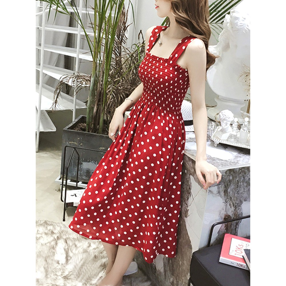 Đầm hai dây dáng chữ A cổ thuyền họa tiết chấm bi xinh xắn cho nữ
