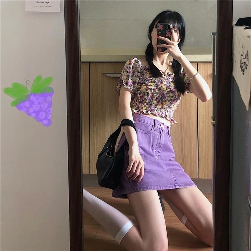Chân váy jean Chữ A Lưng Cao Màu Tím Phong Cách Retro Cho Nữ Sinh