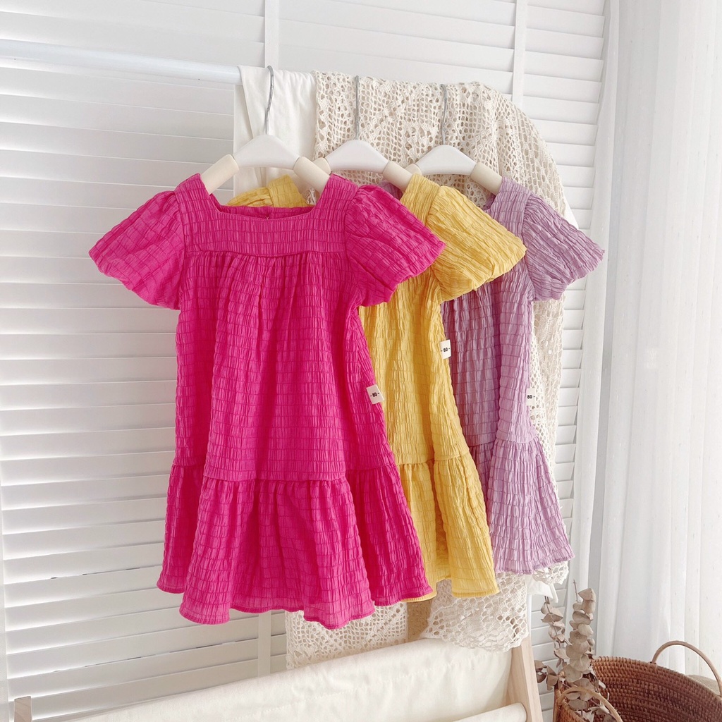 Jee kids - Váy đầm tay phồng vải nhún xốp đáng yêu cho bé gái (ảnh thật)