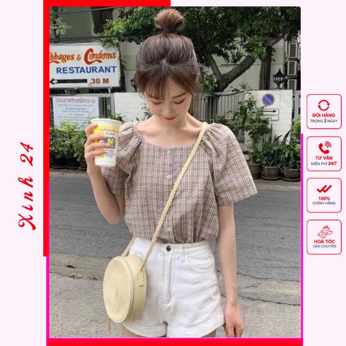 Áo Kiểu Nữ Cổ Vuông Sọc Caro trẻ trung xinh xắn, phong cách Hàn Quốc | BigBuy360 - bigbuy360.vn