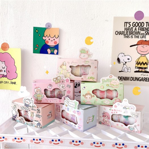 Hộp Washi Tape combo 5 Cuộn băng dính giấy Băng Keo Sticker Giấy Trang Trí Sổ Lưu Niệm DIY cute dễ thương