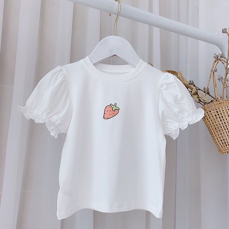 Áo thun tay ngắn phồng in hoạt hình dâu tây kiểu Hàn Quốc thời trang mùa hè cho bé gái