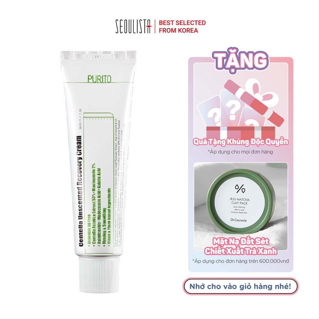 Kem dưỡng chiết xuất rau má không hương liệu PURITO Centella Unscented Recovery Cream