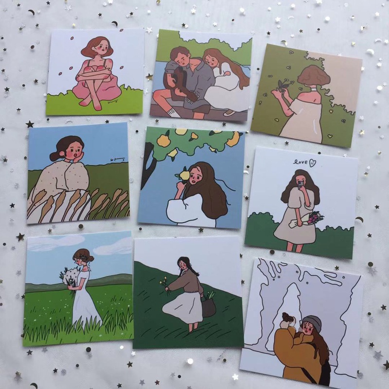 Set thẻ giấy 2 mặt cô gái xinh xắn trang trí dán tường, dán sổ siêu dễ thương