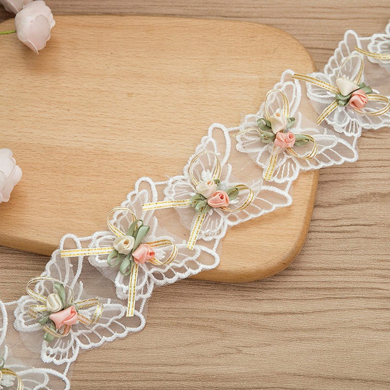Cuộn Dây Ruy Băng Thêu Hoa Hồng 1 Yard Đính Hạt Ngọc Trai Diy