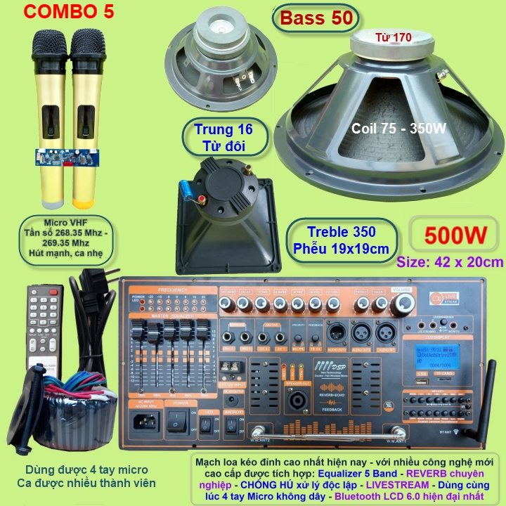 Mạch loa kéo 5 tấc đơn 3 đường tiếng  500W Reverb chống hú DSP Livestream Equalizer 5 Band  kèm 2 tay Micro