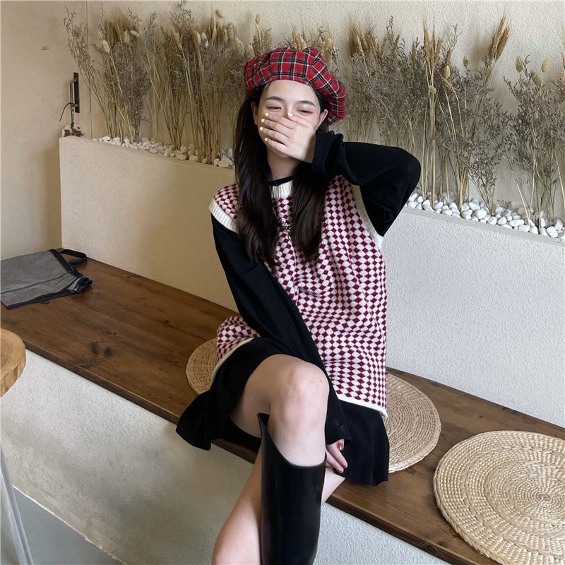 Áo dệt kim sát nách cổ tròn màu sắc tương phản thời trang mùa thu Hàn Quốc cho nữ