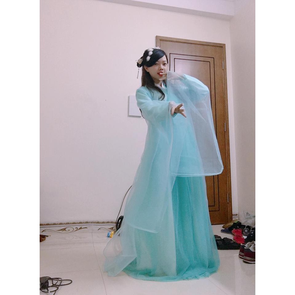 Bộ váy cổ trang Cosplay nhân vật Bạch Thiển bộ màu xanh có ảnh thật