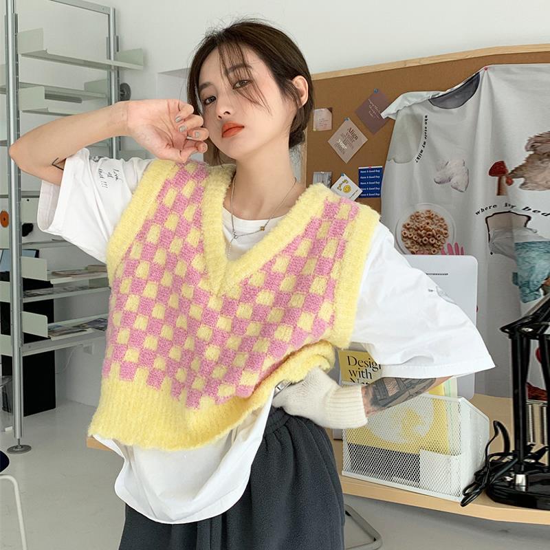 Set Áo Len Ngắn Tay Cổ Chữ v Và Áo Sơ Mi Kẻ Sọc Màu Sắc Tương Phản Phong Cách Hàn Quốc
