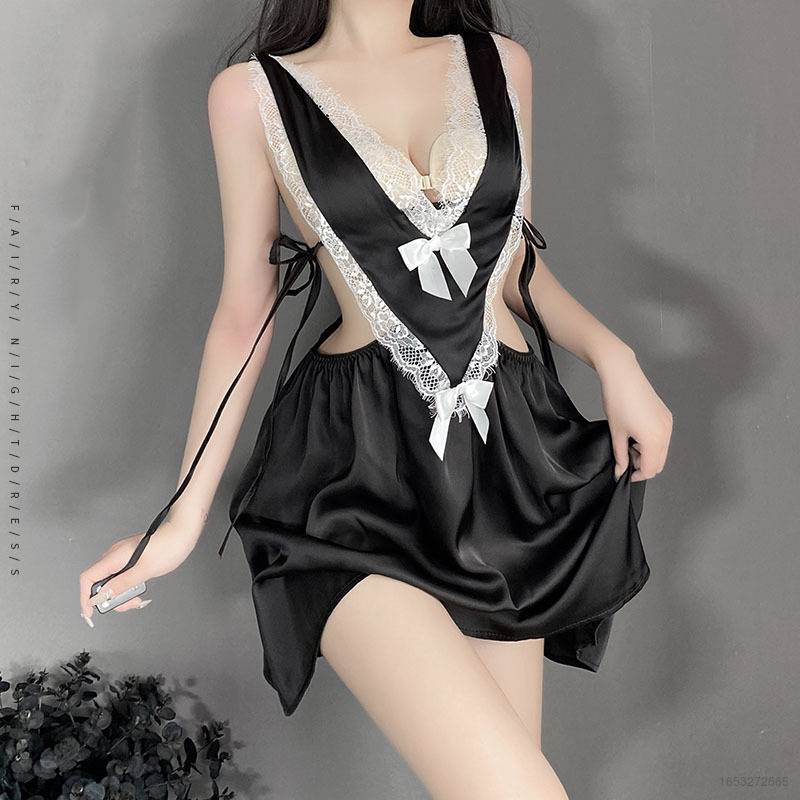 Bộ Đồ Ngủ Vải Satin Viền Ren Cổ Chữ V Khoét Sâu Quyến Rũ Cho Nữ