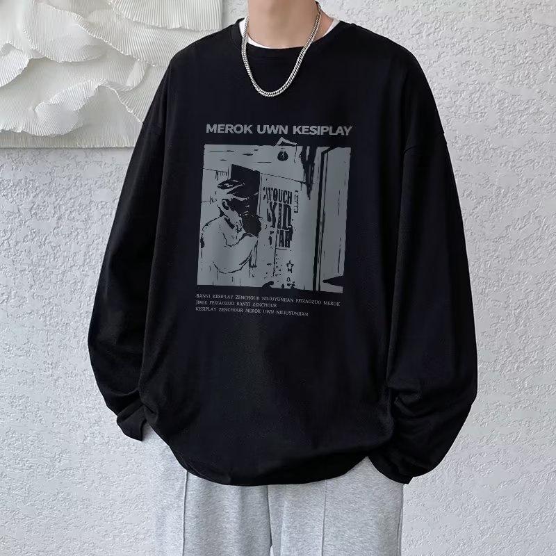 Áo Thun Tay Dài Dáng Rộng In Họa Tiết Hoạt Hình Phong Cách Hip Hop Hàn Quốc Thời Trang Cho Nam Và Nữ size M-5XL