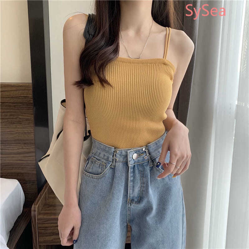 Áo Hai Dây Dệt Kim Màu Sắc Đơn Giản Phong Cách Retro Cho Nữ