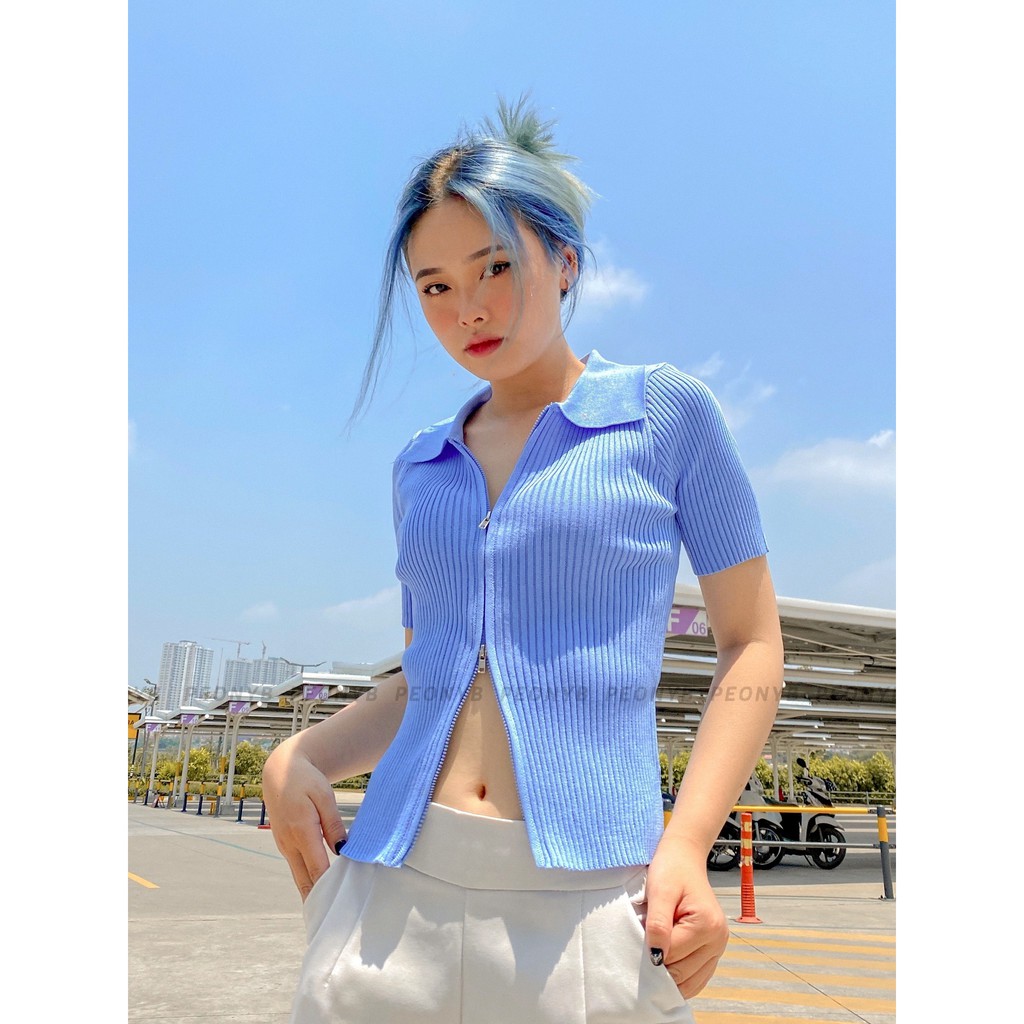 Áo Croptop Khoá Zip Cổ Bẻ PEONYB Nữ [FREESHIP] Polo thun tay lỡ ôm body, phông cá tính màu ĐEN | TRẮNG | XANH Ulzzang