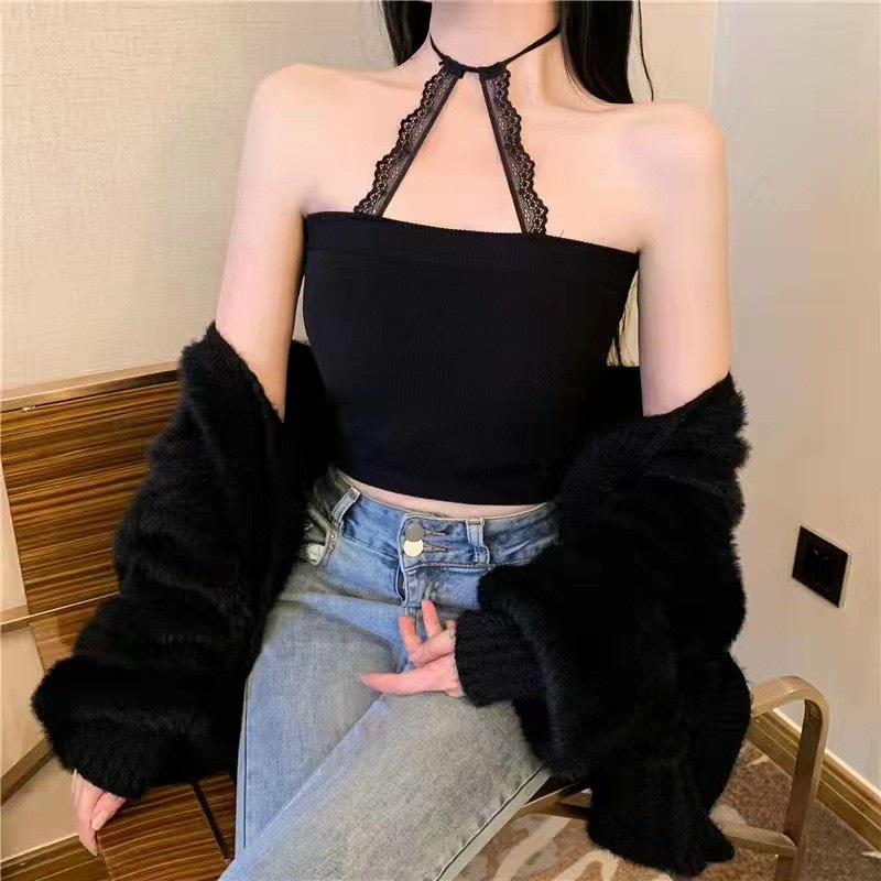 áo yếm dây ren dáng croptop buộc cổ mẫu hot  - Áo quây bra kiểu ống tiểu thư ôm body tôn vòng 2 siêu co dãn