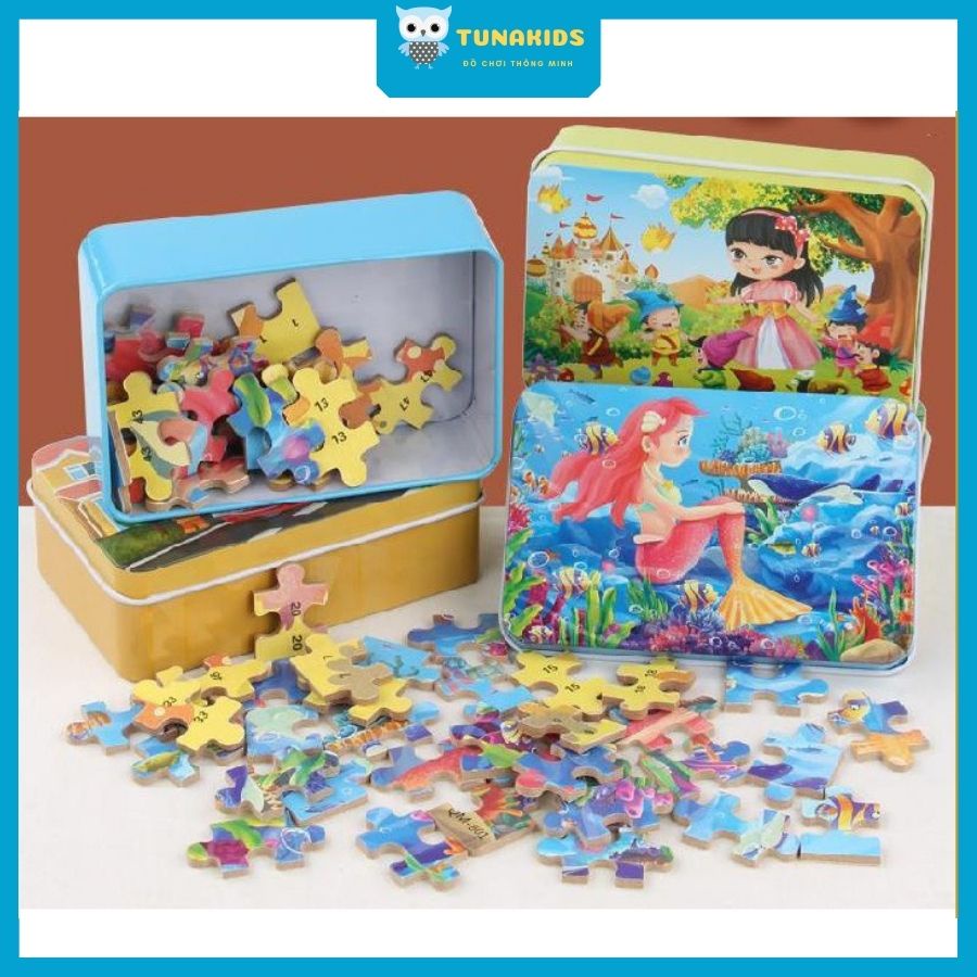 Tranh ghép hình cho bé, bộ đồ chơi xếp hình cho bé bằng gỗ puzzle nhiều chủ đề thông minh hộp sắt Tunakids