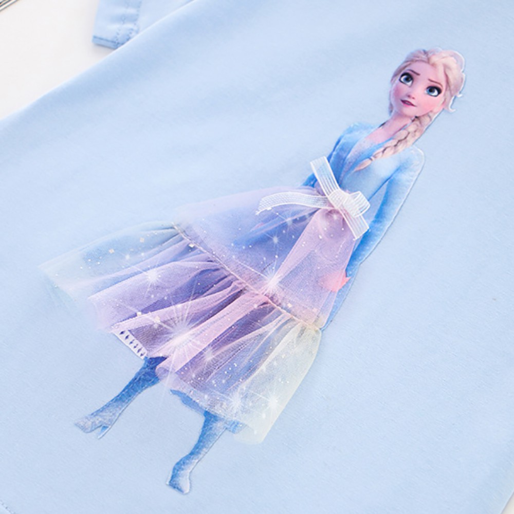 Áo phông bé gái Elsa Công Chúa ngắn tay cổ tròn đính họa tiết 3D cho bé gái