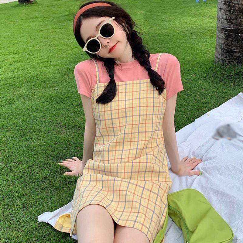 Đầm hai dây họa tiết kẻ sọc caro phong cách ngọt ngào cho nữ