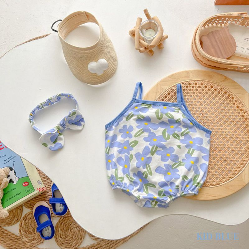 Bộ Áo Liền Quần Tam Giác Họa Tiết Hoa Toàn Diện Kèm Băng Đô Cho Bé Gái