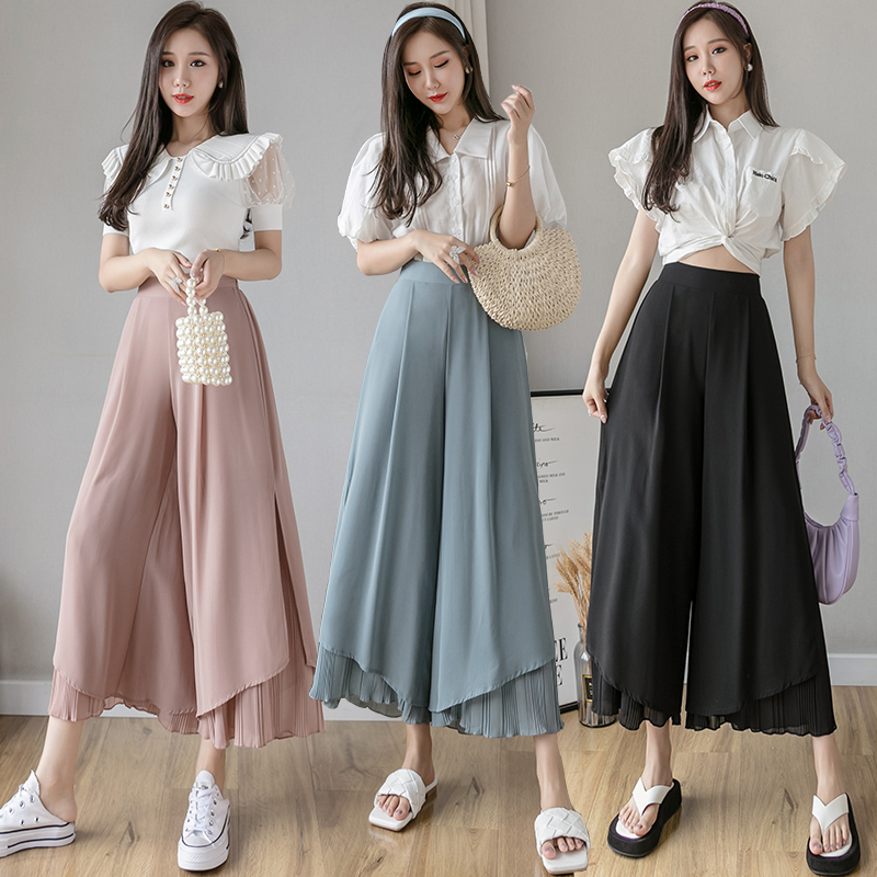 Đen Quần Chiffon Xếp Ly Ống Rộng Màu Trơn Phong Cách Hàn Quốc Cho Nữ