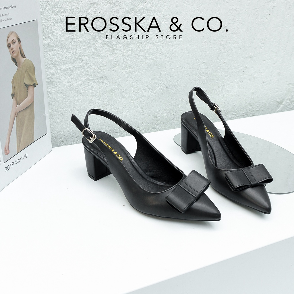 Erosska - Giày cao gót mũi nhọn phối quai đính nơ cao 5cm màu trắng - EH034