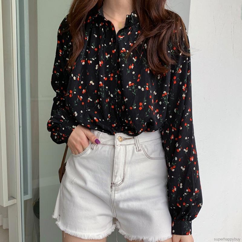 Áo Sơ Mi Tay Dài Chất Chiffon Hoạ Tiết Hoa Cho Nữ