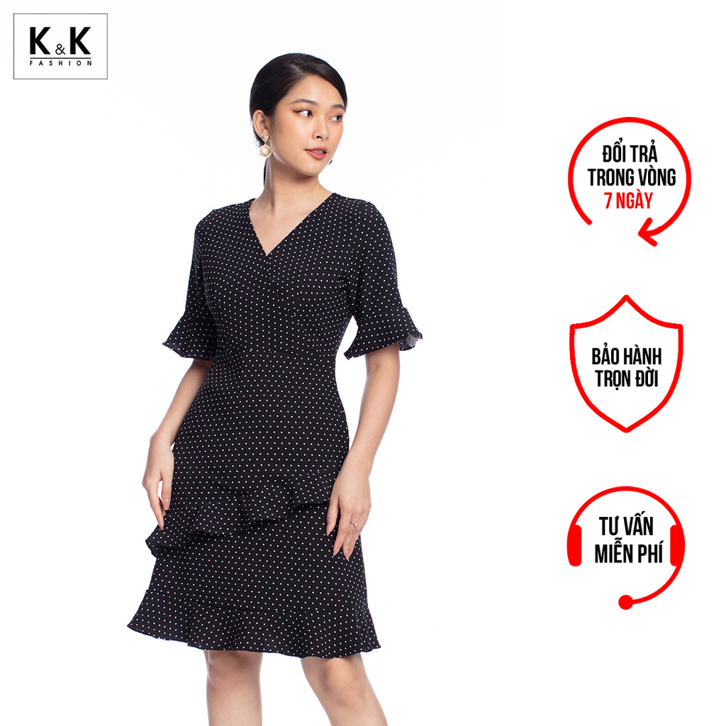 Đầm Công Sở Dáng Chữ A K&K Fashion KK106-24 Phối Bèo Họa Tiết Chấm Bi