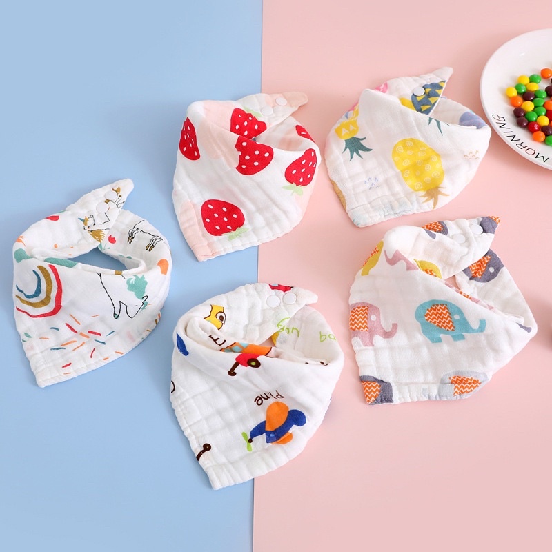 (Lẻ 1 chiếc) Boo Boo Baby - yếm xô nhăn, yếm tam giác có cúc bấm Organic cotton 6 lớp cho bé hàng dày dặn, siêu thấm hút