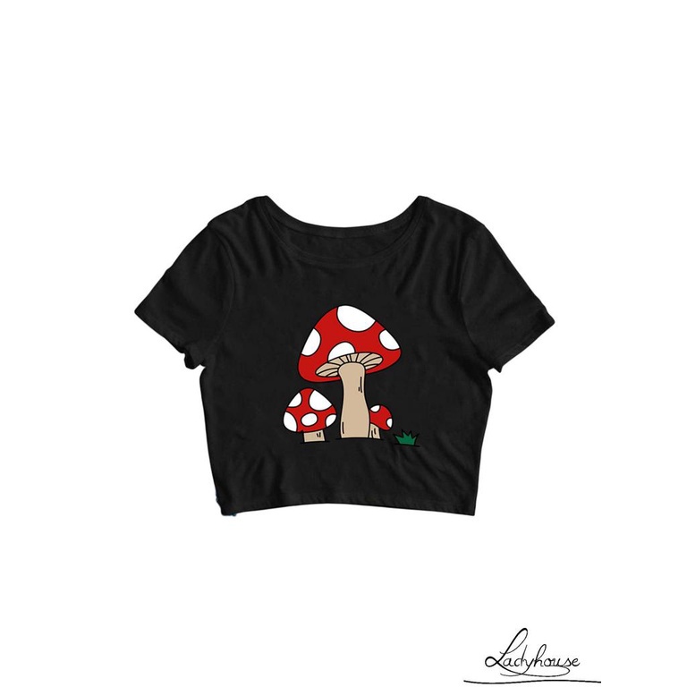 LD-Women Black Shirt, Round Neck Short Sleeves Mushroom Print Wrapped Casual Tops Elastic Sweater